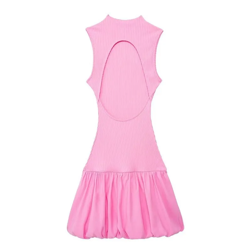 Pre Order:  Solid Slim Ribbed Backless Balloon Dress
