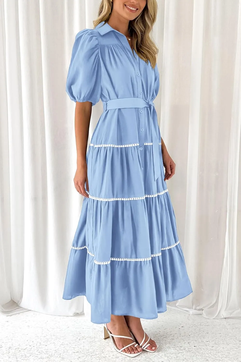 PRETTYGARDEN Women's Summer Button Down Shirt Dress Short Puffy Sleeve Tiered Ruffle Flowy Long Maxi Dresses