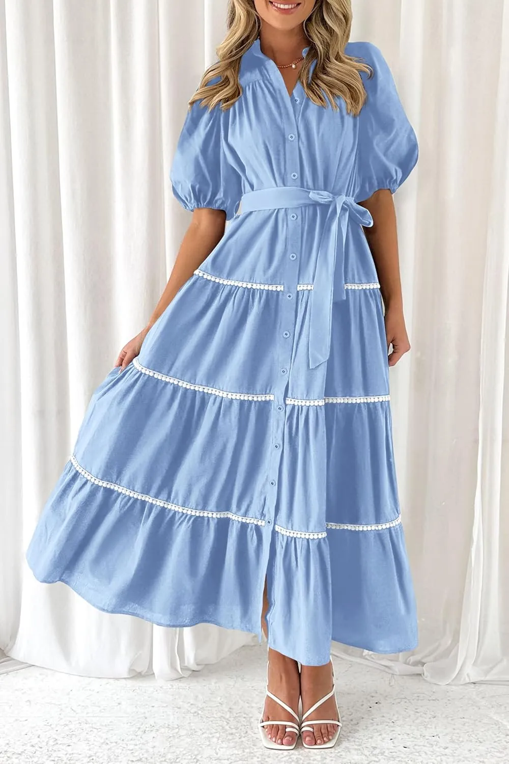 PRETTYGARDEN Women's Summer Button Down Shirt Dress Short Puffy Sleeve Tiered Ruffle Flowy Long Maxi Dresses