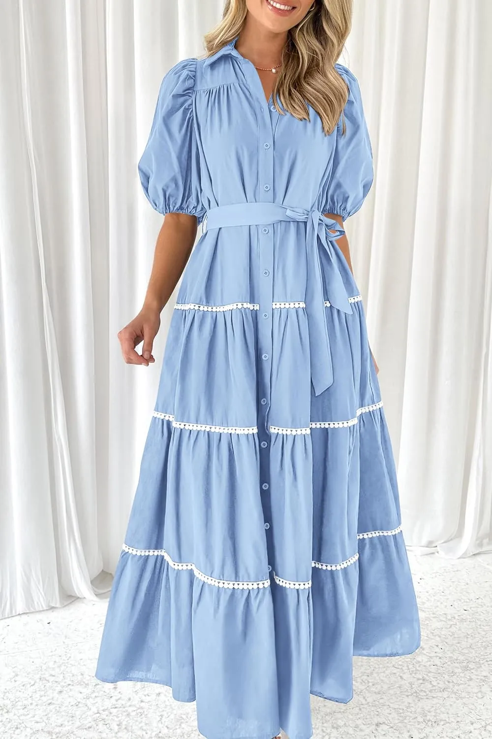 PRETTYGARDEN Women's Summer Button Down Shirt Dress Short Puffy Sleeve Tiered Ruffle Flowy Long Maxi Dresses
