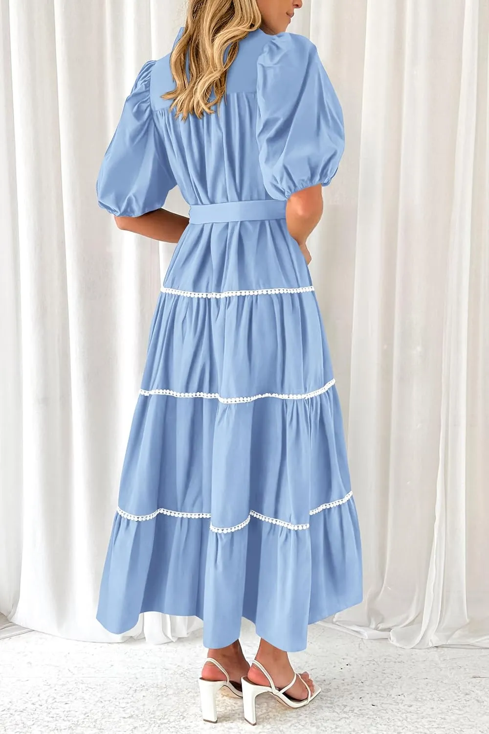 PRETTYGARDEN Women's Summer Button Down Shirt Dress Short Puffy Sleeve Tiered Ruffle Flowy Long Maxi Dresses