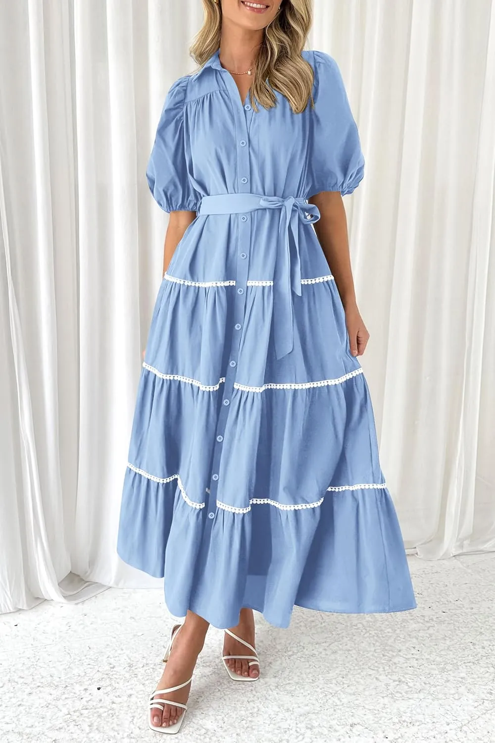 PRETTYGARDEN Women's Summer Button Down Shirt Dress Short Puffy Sleeve Tiered Ruffle Flowy Long Maxi Dresses