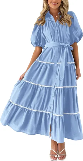 PRETTYGARDEN Women's Summer Button Down Shirt Dress Short Puffy Sleeve Tiered Ruffle Flowy Long Maxi Dresses