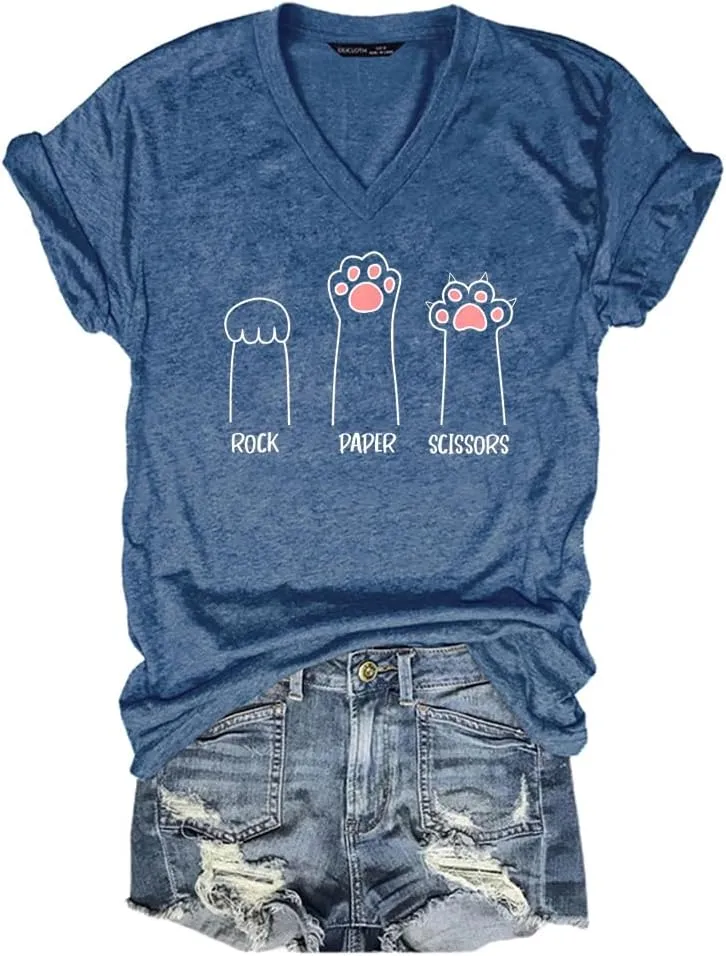 Rock Paper Scissors Cat Paw Print Funny Cat Shirts for Women Graphic Tees