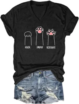 Rock Paper Scissors Cat Paw Print Funny Cat Shirts for Women Graphic Tees