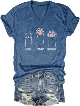 Rock Paper Scissors Cat Paw Print Funny Cat Shirts for Women Graphic Tees