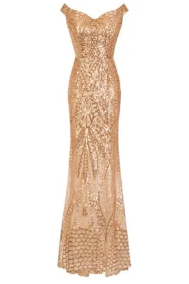 Royal Gold Luxe Sweetheart Sequin Off The Shoulder Mermaid Dress