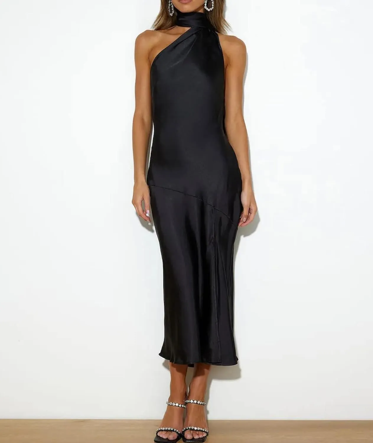 Sexyshine Women's Elegant Halter Tie Neck Sleeveless Satin Long Dress Backless Split Cocktail Party Formal Wedding Maxi Dress