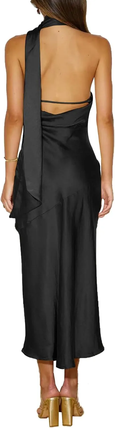 Sexyshine Women's Elegant Halter Tie Neck Sleeveless Satin Long Dress Backless Split Cocktail Party Formal Wedding Maxi Dress