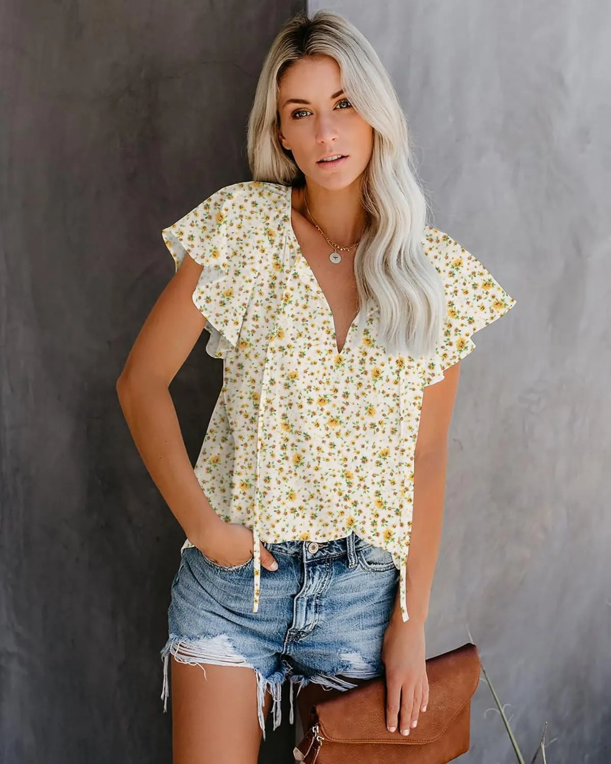 SimpleFun Women's Boho Tops Floral V Neck Short Sleeve Summer Blouse Shirts