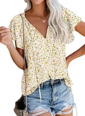 SimpleFun Women's Boho Tops Floral V Neck Short Sleeve Summer Blouse Shirts