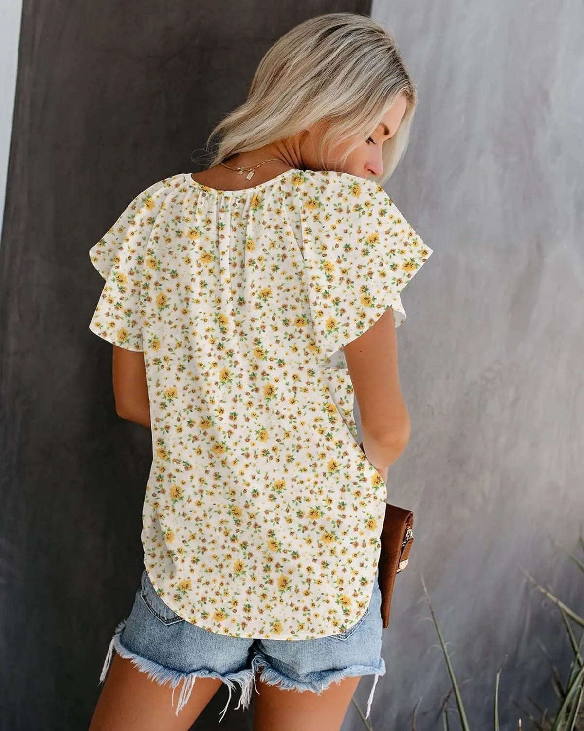 SimpleFun Women's Boho Tops Floral V Neck Short Sleeve Summer Blouse Shirts