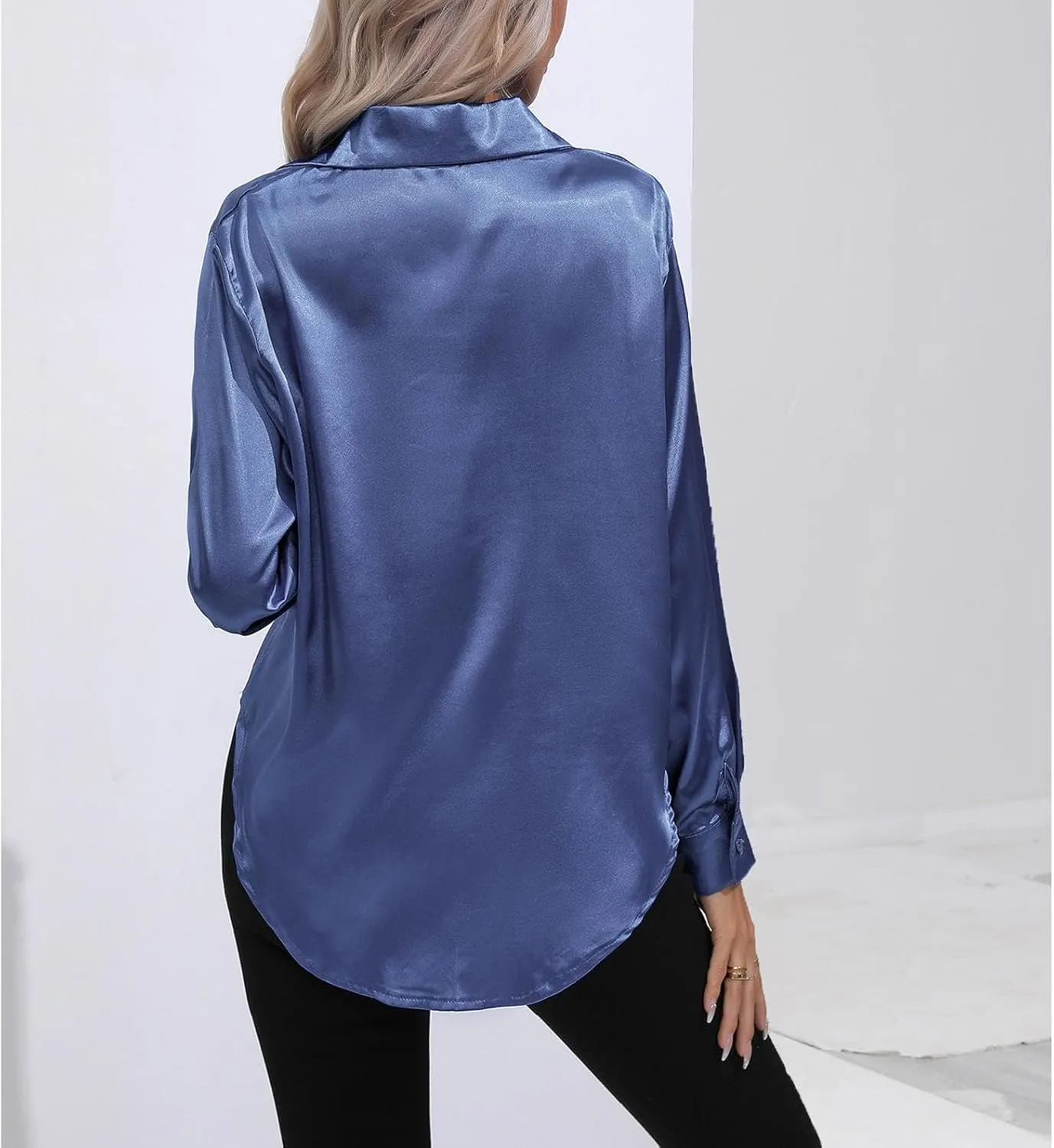 Soft Satin Silk Button Down Shirts for Women Silky Long Sleeve Work Shirt Dress Blouses Tops