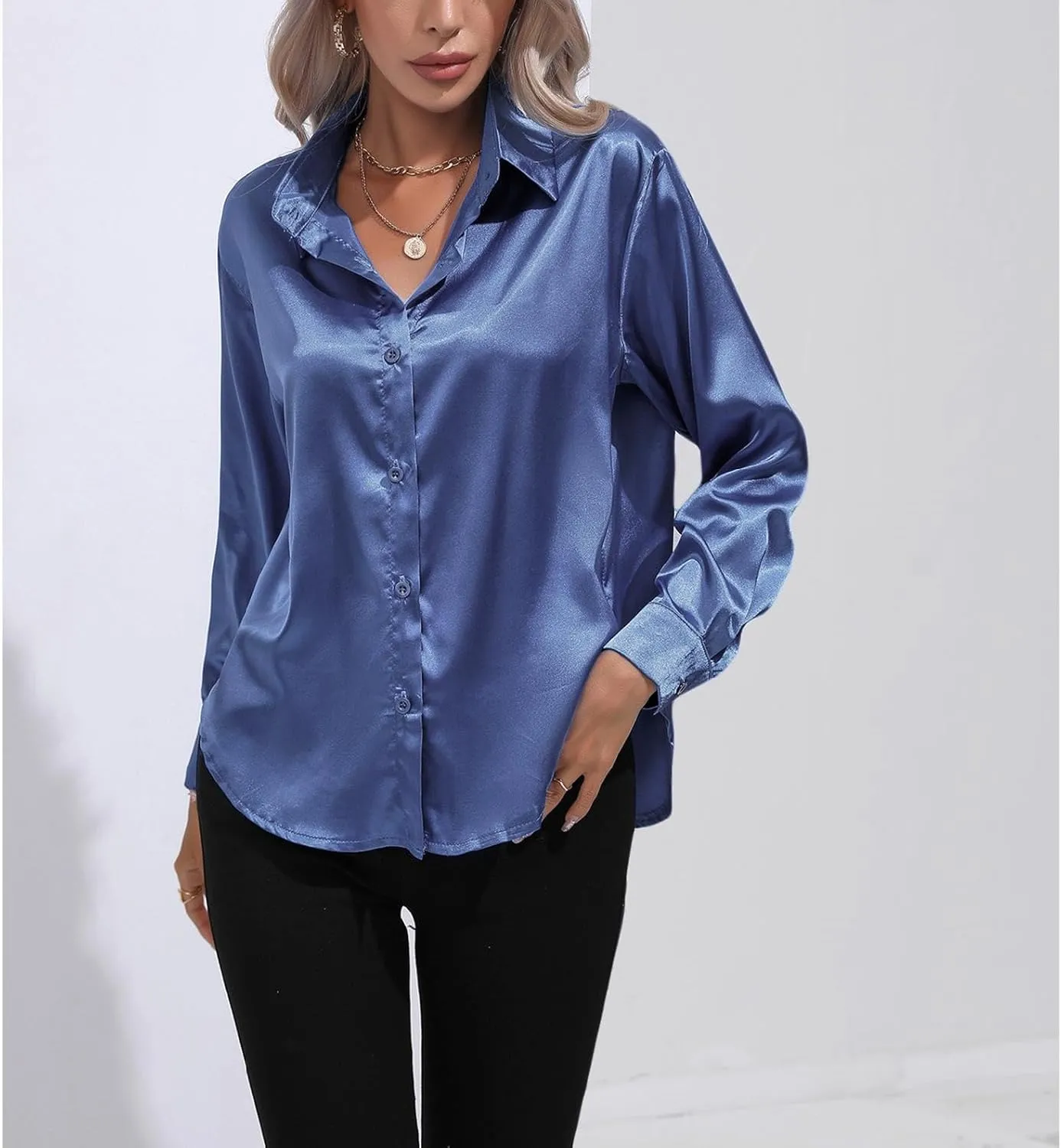 Soft Satin Silk Button Down Shirts for Women Silky Long Sleeve Work Shirt Dress Blouses Tops