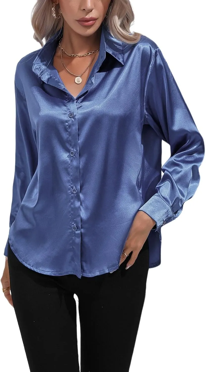 Soft Satin Silk Button Down Shirts for Women Silky Long Sleeve Work Shirt Dress Blouses Tops