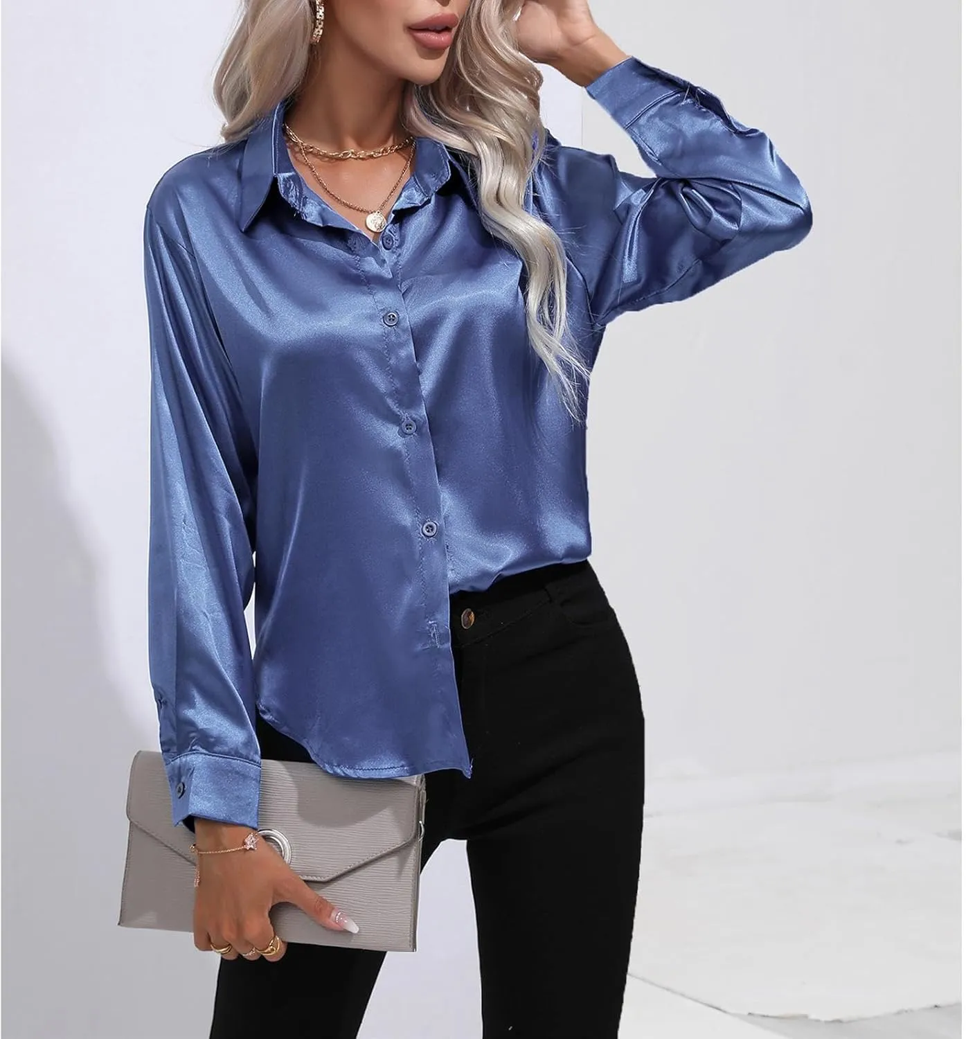 Soft Satin Silk Button Down Shirts for Women Silky Long Sleeve Work Shirt Dress Blouses Tops