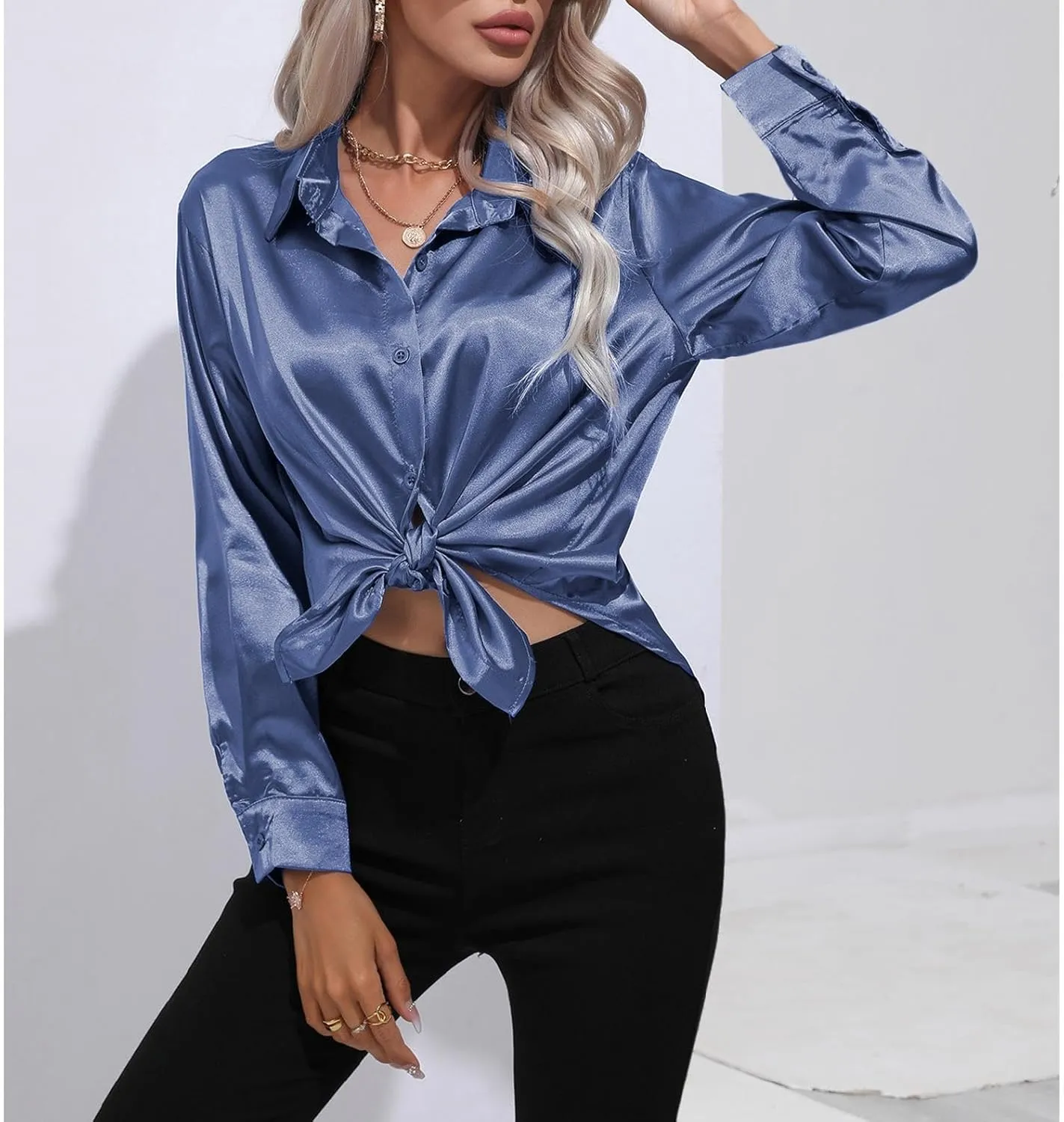 Soft Satin Silk Button Down Shirts for Women Silky Long Sleeve Work Shirt Dress Blouses Tops