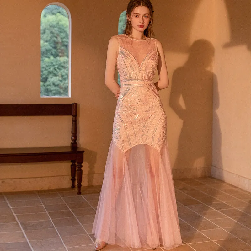 Uniwim cybergoth dress to impress Vintage Bridesmaid Beaded Mesh Sequined Evening Gown 1920 Wedding Dress Long Sexy Dress