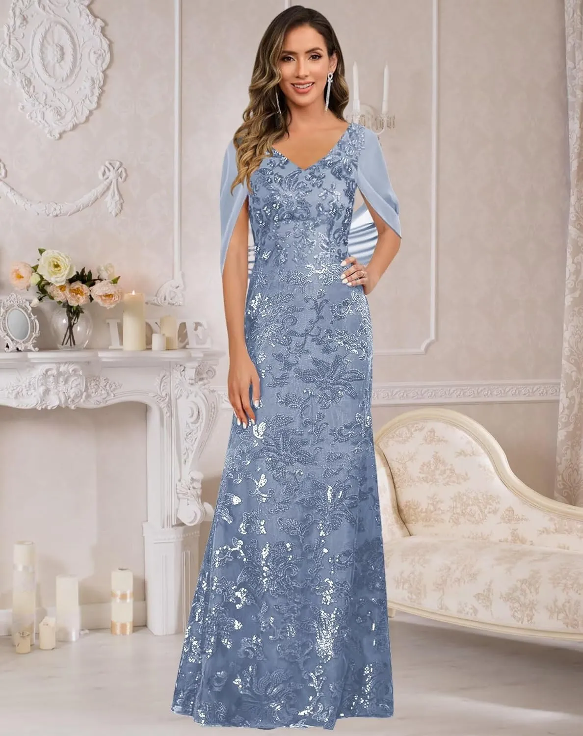 VCCICANY Sequin Mermaid Mother of The Bride Dresses for Women V Neck Long Evening Formal Gown with Cape Sleeves