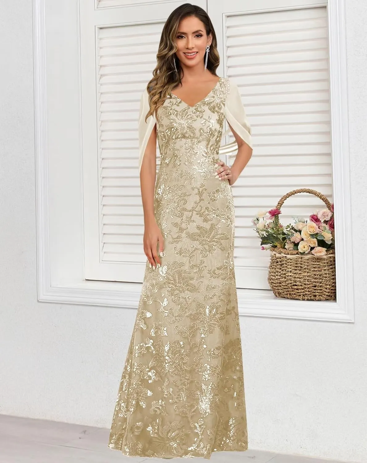 VCCICANY Sequin Mermaid Mother of The Bride Dresses for Women V Neck Long Evening Formal Gown with Cape Sleeves