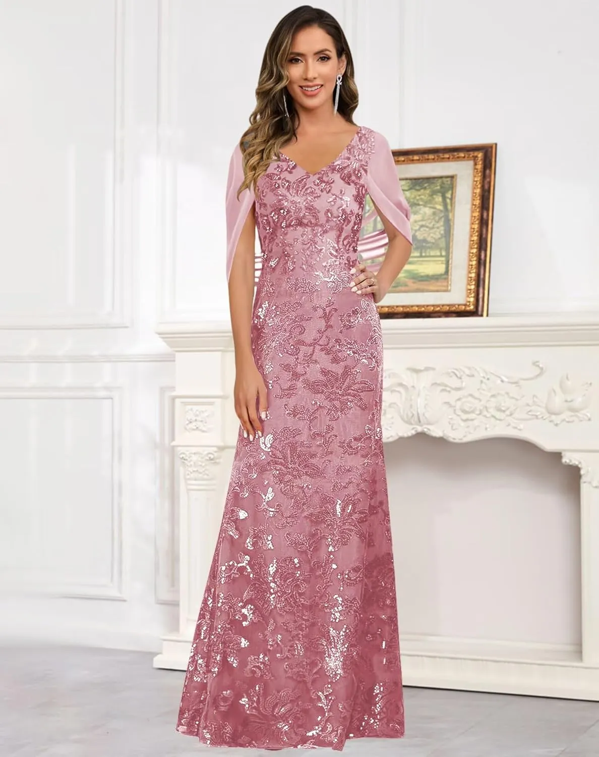 VCCICANY Sequin Mermaid Mother of The Bride Dresses for Women V Neck Long Evening Formal Gown with Cape Sleeves