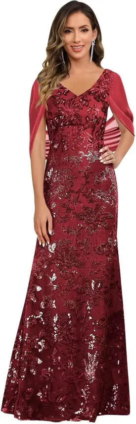 VCCICANY Sequin Mermaid Mother of The Bride Dresses for Women V Neck Long Evening Formal Gown with Cape Sleeves