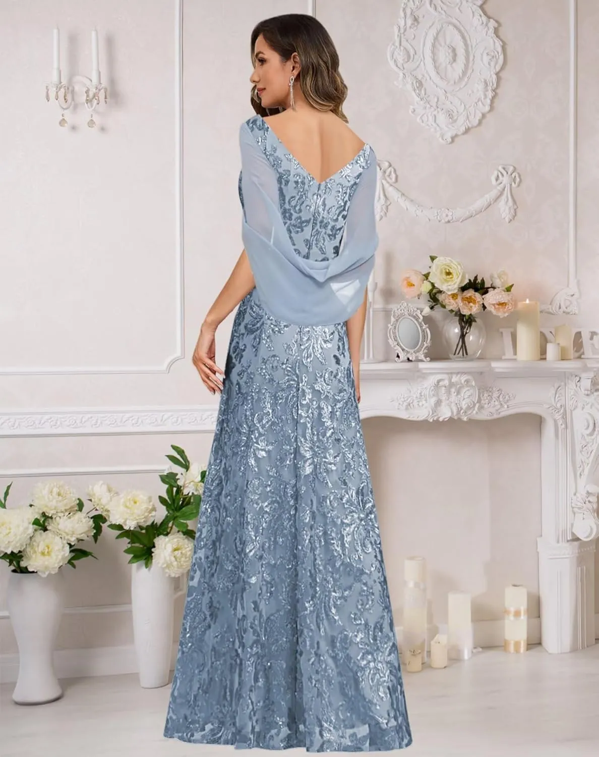 VCCICANY Sequin Mermaid Mother of The Bride Dresses for Women V Neck Long Evening Formal Gown with Cape Sleeves