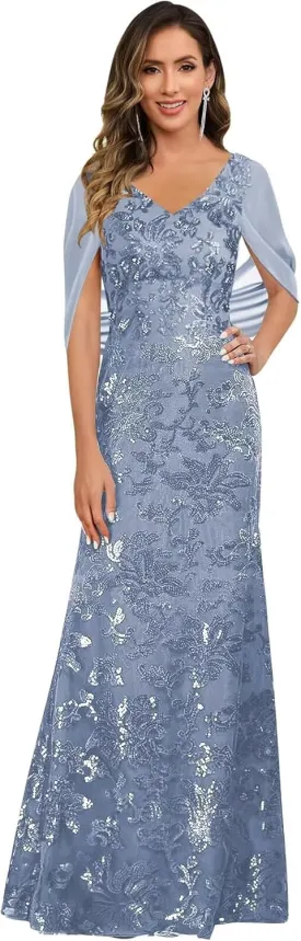 VCCICANY Sequin Mermaid Mother of The Bride Dresses for Women V Neck Long Evening Formal Gown with Cape Sleeves