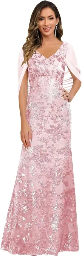 VCCICANY Sequin Mermaid Mother of The Bride Dresses for Women V Neck Long Evening Formal Gown with Cape Sleeves