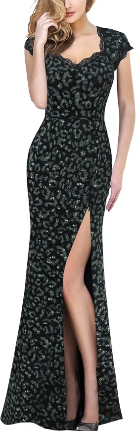 VFSHOW Womens Floral Lace Sweetheart Neck Open Back Zipper High Split Formal Evening Gown Wedding Prom Maxi Long Dress