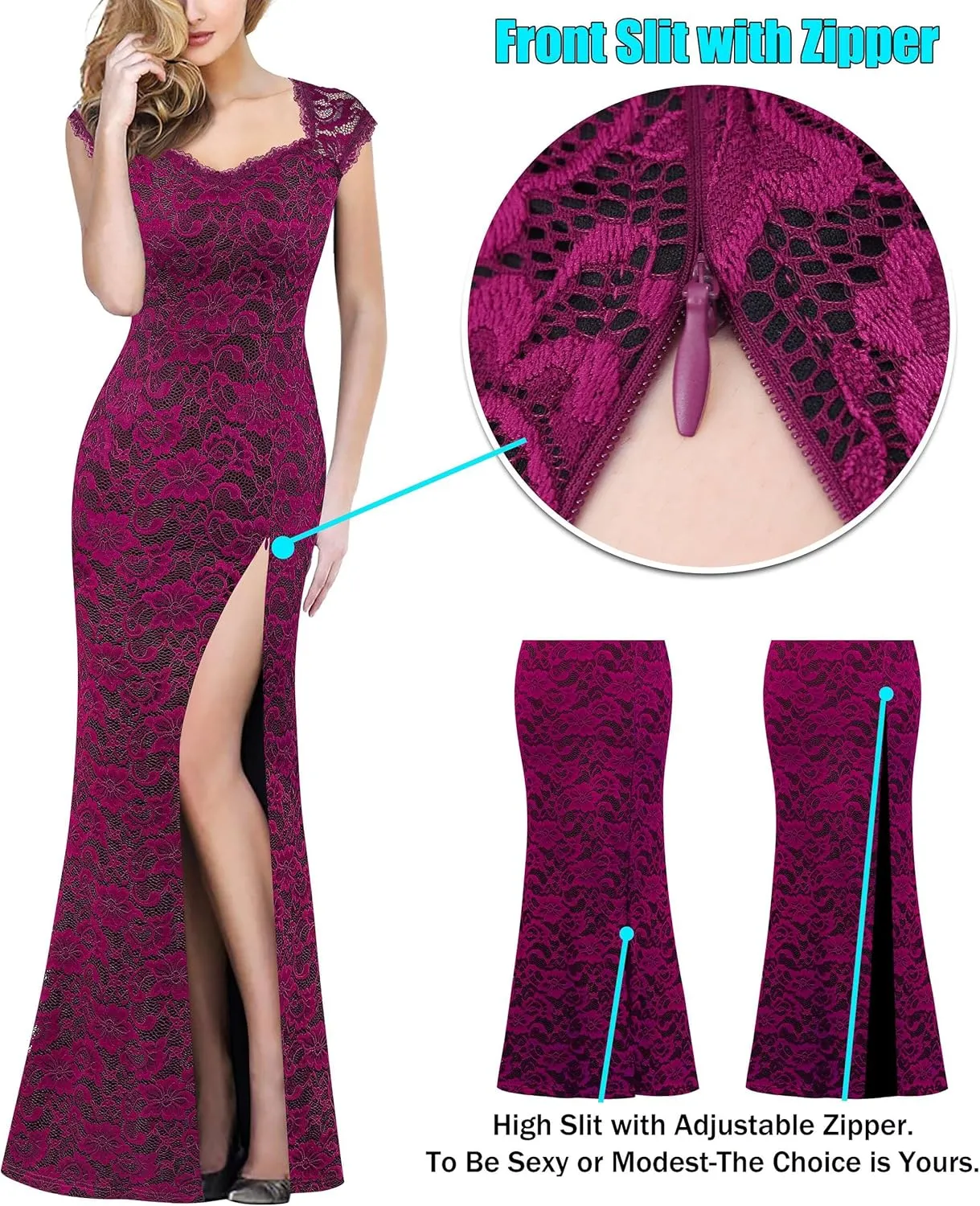 VFSHOW Womens Floral Lace Sweetheart Neck Open Back Zipper High Split Formal Evening Gown Wedding Prom Maxi Long Dress