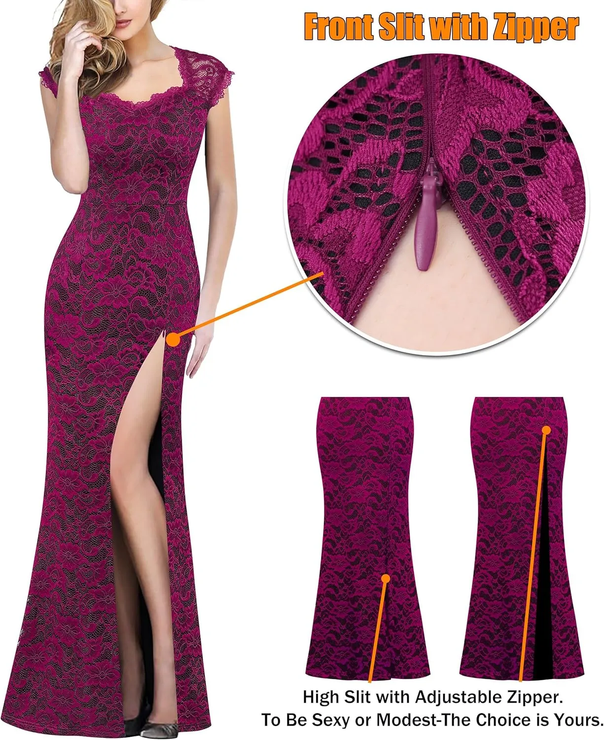 VFSHOW Womens Floral Lace Sweetheart Neck Open Back Zipper High Split Formal Evening Gown Wedding Prom Maxi Long Dress