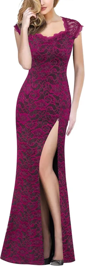 VFSHOW Womens Floral Lace Sweetheart Neck Open Back Zipper High Split Formal Evening Gown Wedding Prom Maxi Long Dress