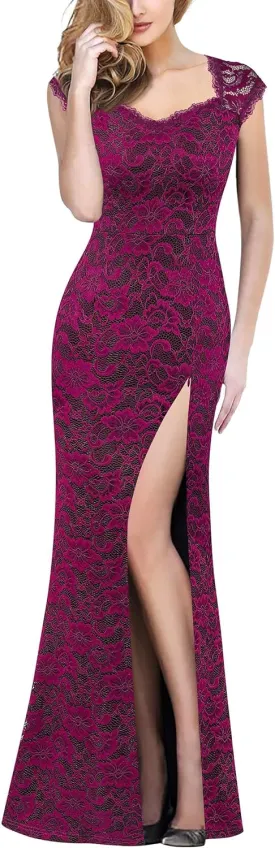 VFSHOW Womens Floral Lace Sweetheart Neck Open Back Zipper High Split Formal Evening Gown Wedding Prom Maxi Long Dress