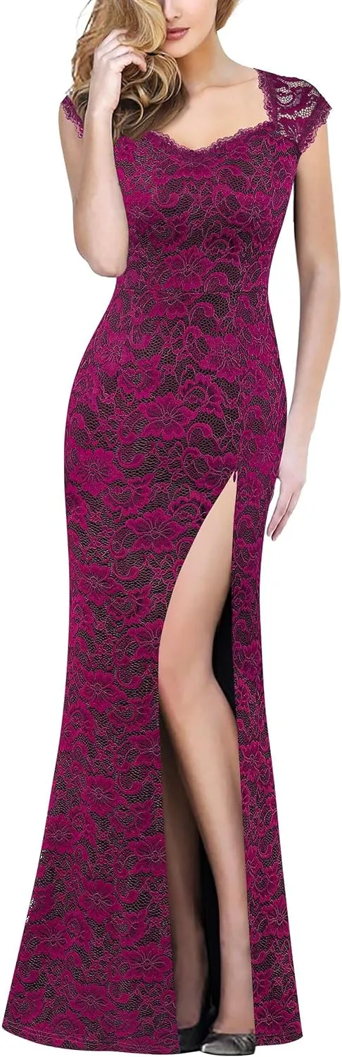 VFSHOW Womens Floral Lace Sweetheart Neck Open Back Zipper High Split Formal Evening Gown Wedding Prom Maxi Long Dress