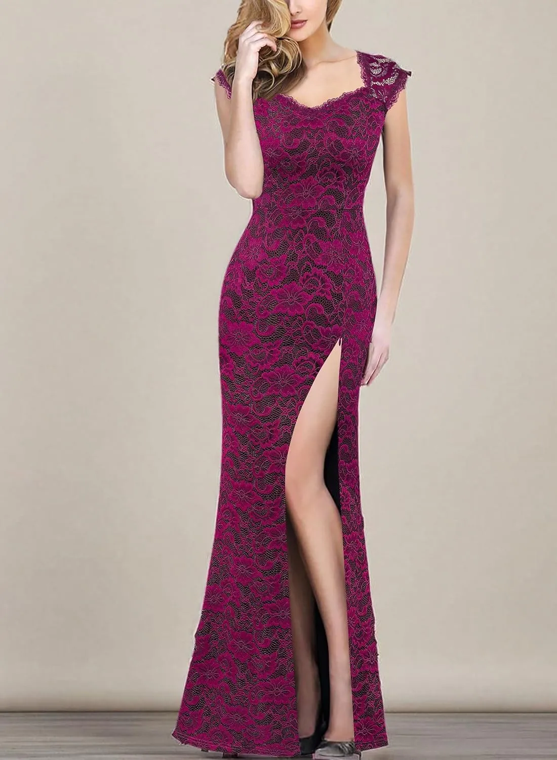 VFSHOW Womens Floral Lace Sweetheart Neck Open Back Zipper High Split Formal Evening Gown Wedding Prom Maxi Long Dress