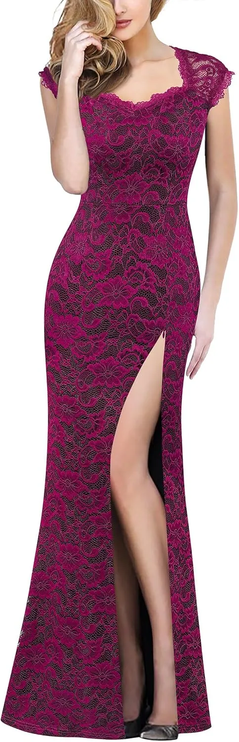 VFSHOW Womens Floral Lace Sweetheart Neck Open Back Zipper High Split Formal Evening Gown Wedding Prom Maxi Long Dress