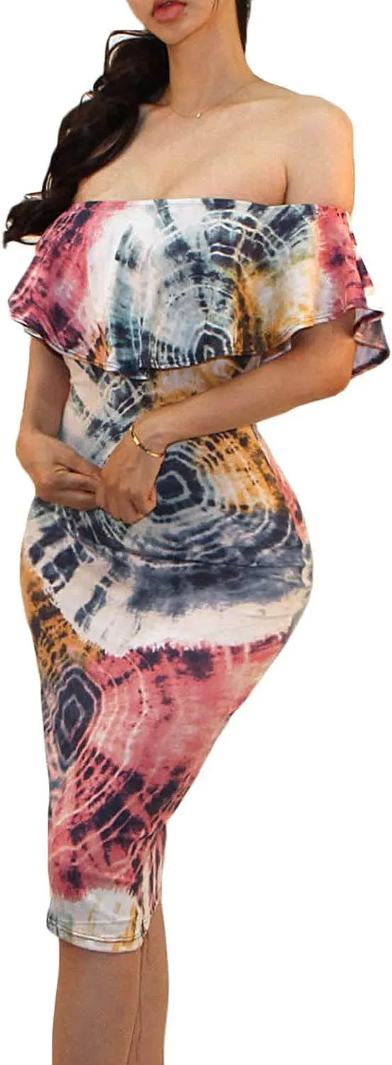 Vivicastle Women's USA Off Shoulder Ruffle Bodycon Fitted Midi Dress