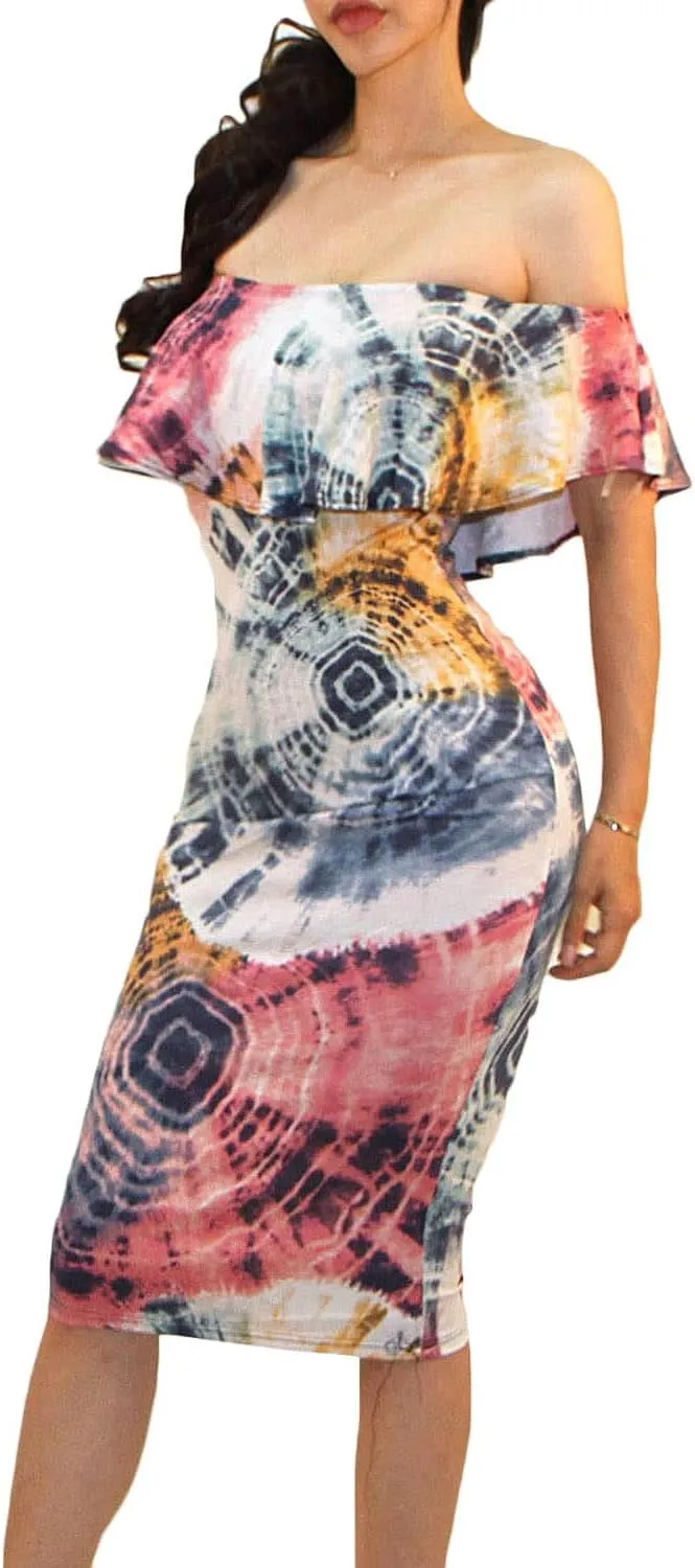Vivicastle Women's USA Off Shoulder Ruffle Bodycon Fitted Midi Dress
