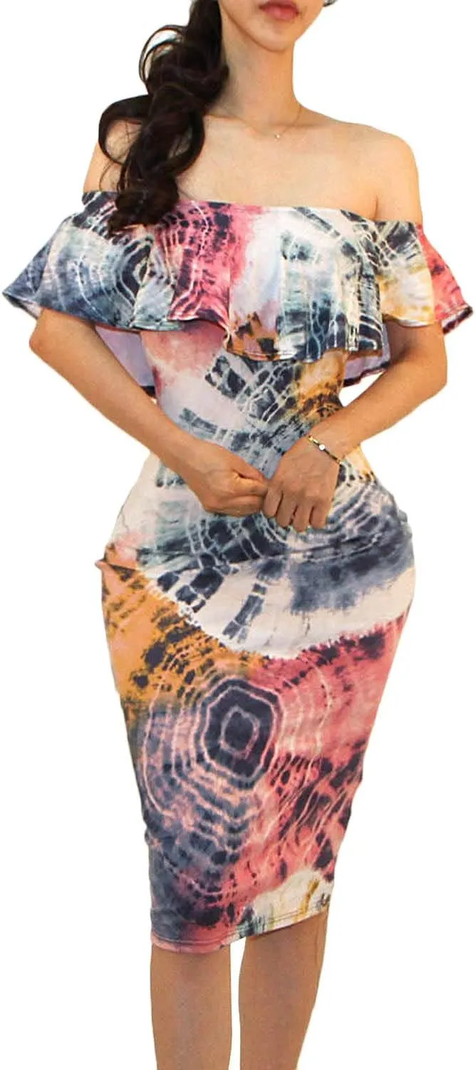Vivicastle Women's USA Off Shoulder Ruffle Bodycon Fitted Midi Dress