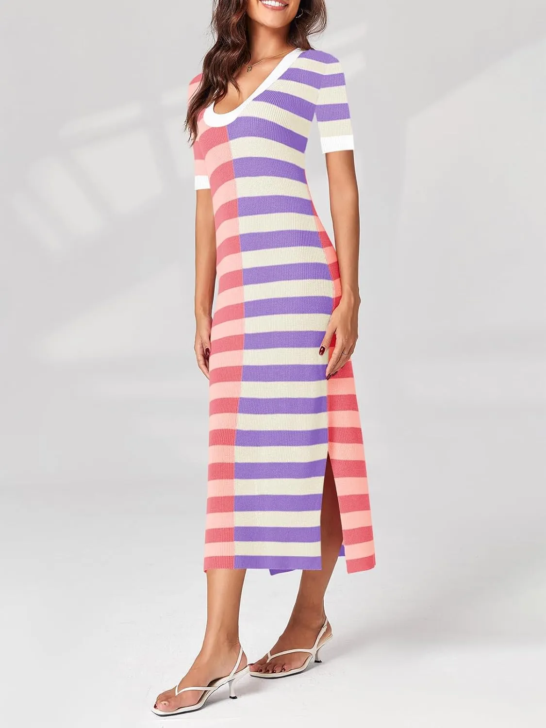 Wenrine Womens Short Sleeve Striped Dress Summer Knitted Scoop Neck Color Block Casual Maxi Dress
