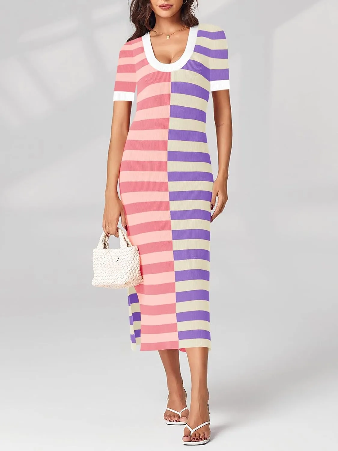 Wenrine Womens Short Sleeve Striped Dress Summer Knitted Scoop Neck Color Block Casual Maxi Dress