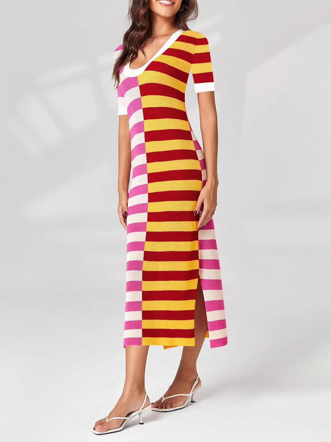 Wenrine Womens Short Sleeve Striped Dress Summer Knitted Scoop Neck Color Block Casual Maxi Dress