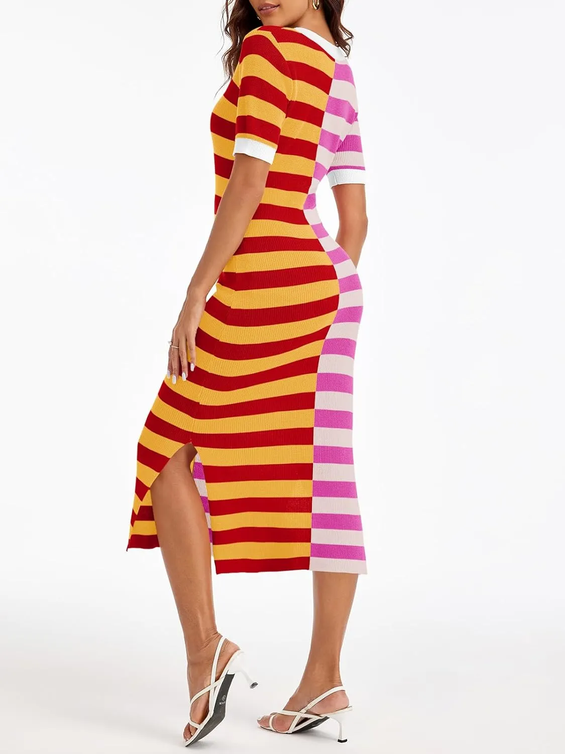 Wenrine Womens Short Sleeve Striped Dress Summer Knitted Scoop Neck Color Block Casual Maxi Dress