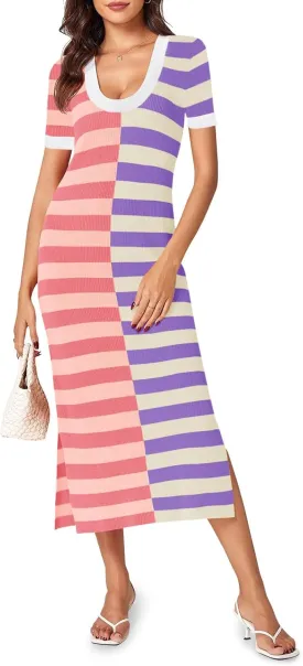 Wenrine Womens Short Sleeve Striped Dress Summer Knitted Scoop Neck Color Block Casual Maxi Dress