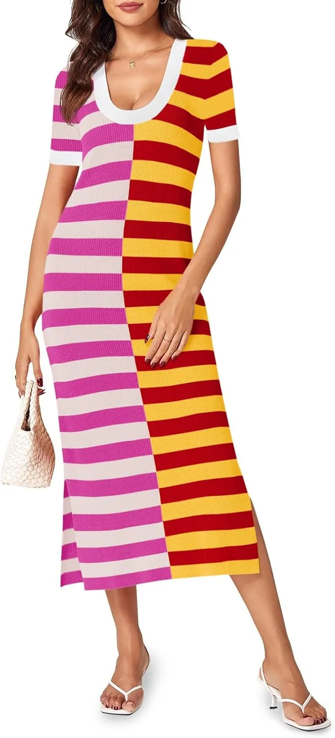 Wenrine Womens Short Sleeve Striped Dress Summer Knitted Scoop Neck Color Block Casual Maxi Dress