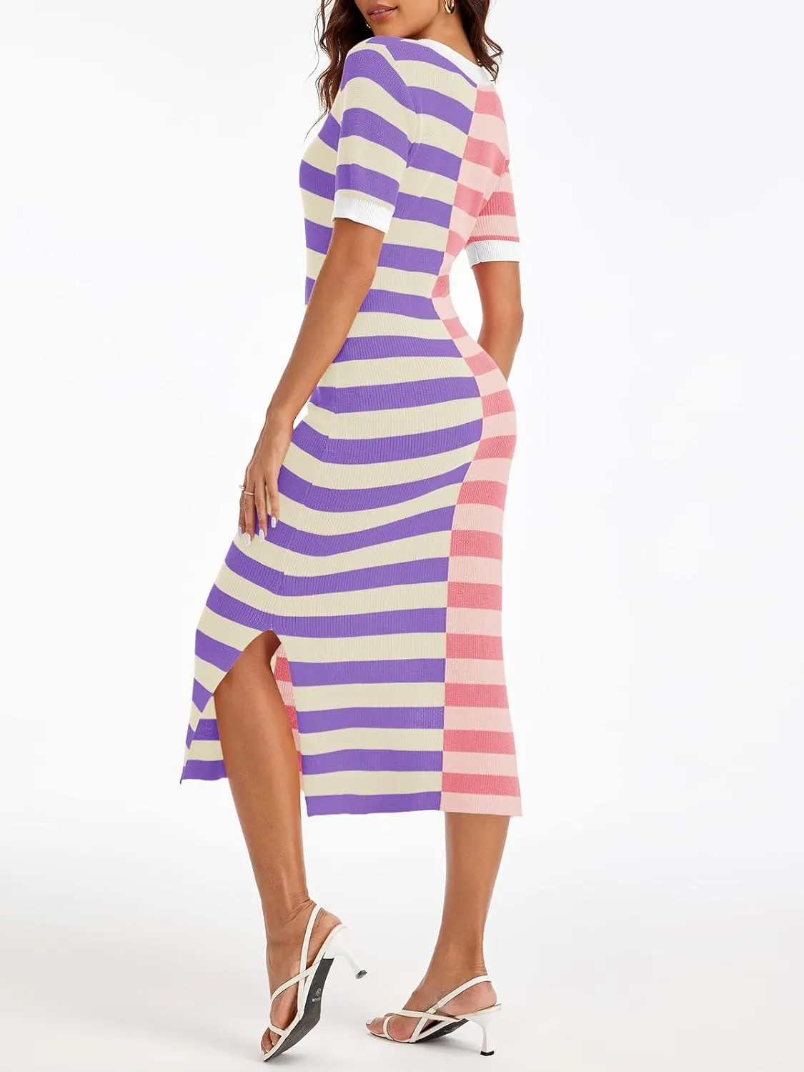 Wenrine Womens Short Sleeve Striped Dress Summer Knitted Scoop Neck Color Block Casual Maxi Dress