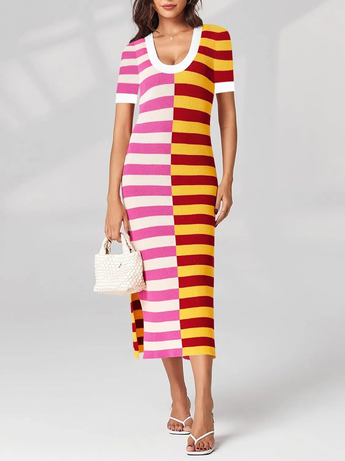 Wenrine Womens Short Sleeve Striped Dress Summer Knitted Scoop Neck Color Block Casual Maxi Dress