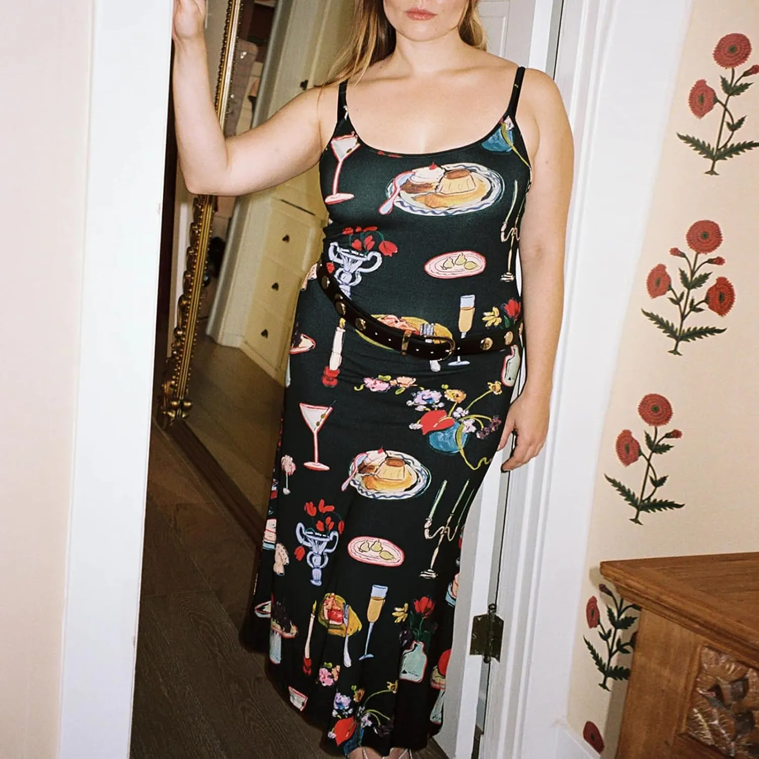 Women Cute Tapas Fruit Maxi Dress Spaghetti Strap Floral Midi Slip Dress Backless Sundress