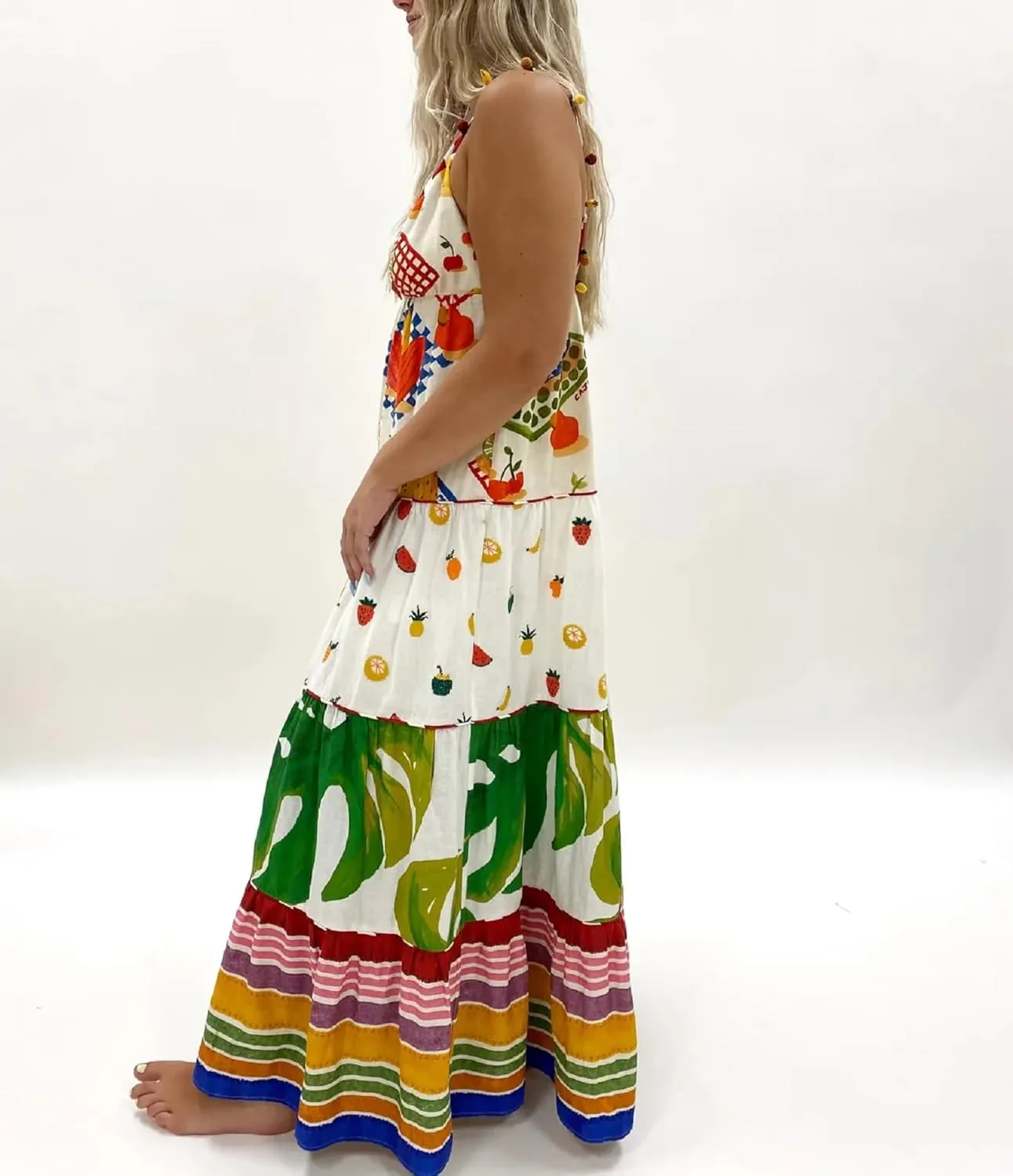 Women Cute Tapas Fruit Maxi Dress Spaghetti Strap Floral Midi Slip Dress Backless Sundress
